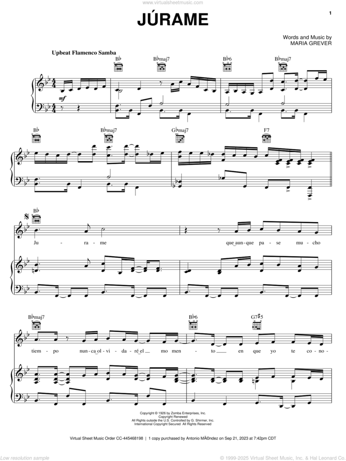 Jurame sheet music for voice, piano or guitar by Andrea Bocelli and Maria Grever, classical score, intermediate skill level