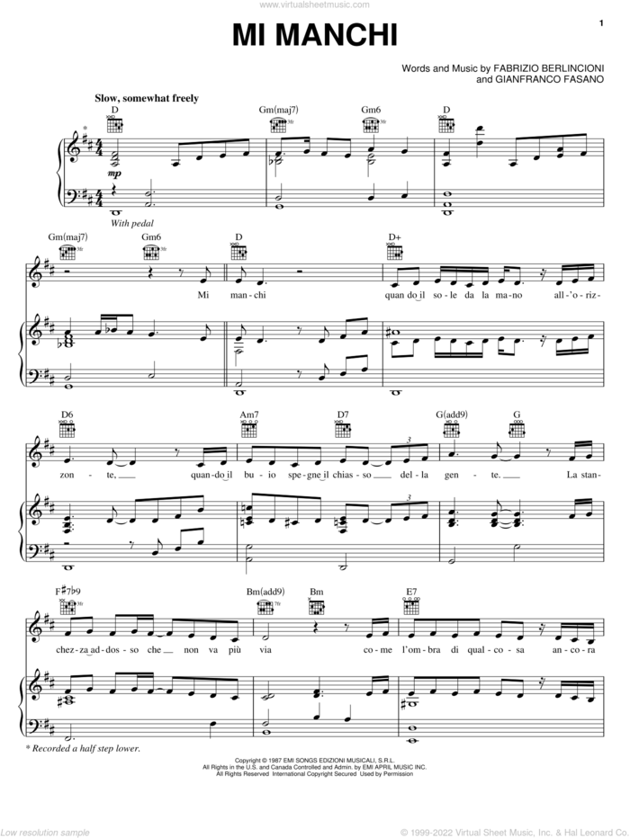 Mi Manchi sheet music for voice, piano or guitar by Andrea Bocelli, Fabrizio Berlincioni and Franco Fasano, classical score, intermediate skill level