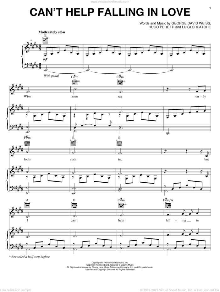 Can't Help Falling In Love sheet music for voice, piano or guitar by Andrea Bocelli, Elvis Presley, George David Weiss, Hugo Peretti and Luigi Creatore, wedding score, intermediate skill level