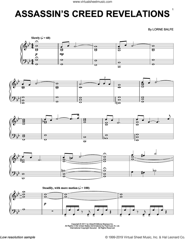 Assassin's Creed Revelations sheet music for piano solo by Lorne Balfe, intermediate skill level