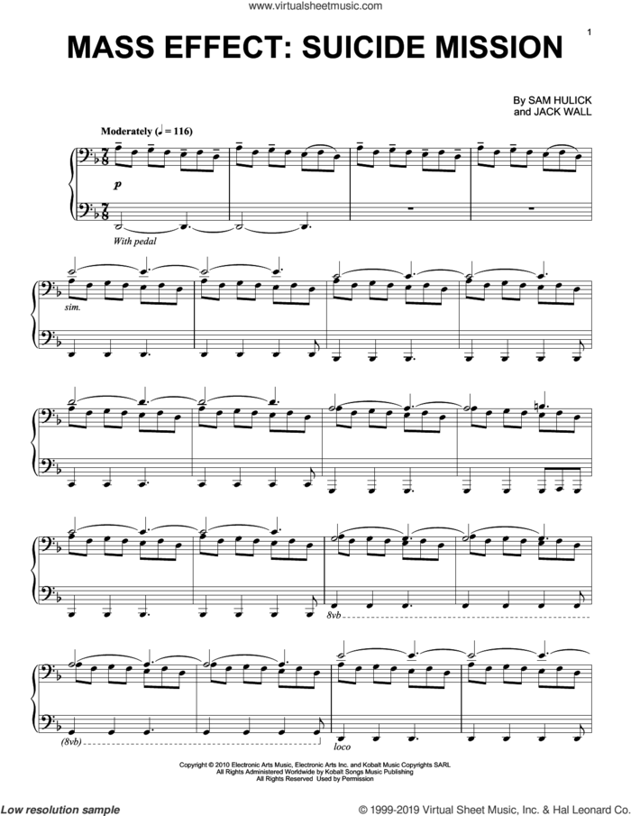 Mass Effect: Suicide Mission sheet music for piano solo by Jack Wall and Sam Hulick, intermediate skill level