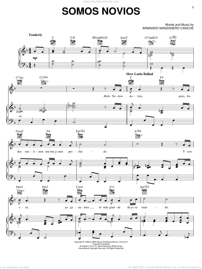 Somos Novios (duet with Christina Aguilera) sheet music for voice, piano or guitar by Andrea Bocelli and Armando Manzanero Canche, intermediate skill level