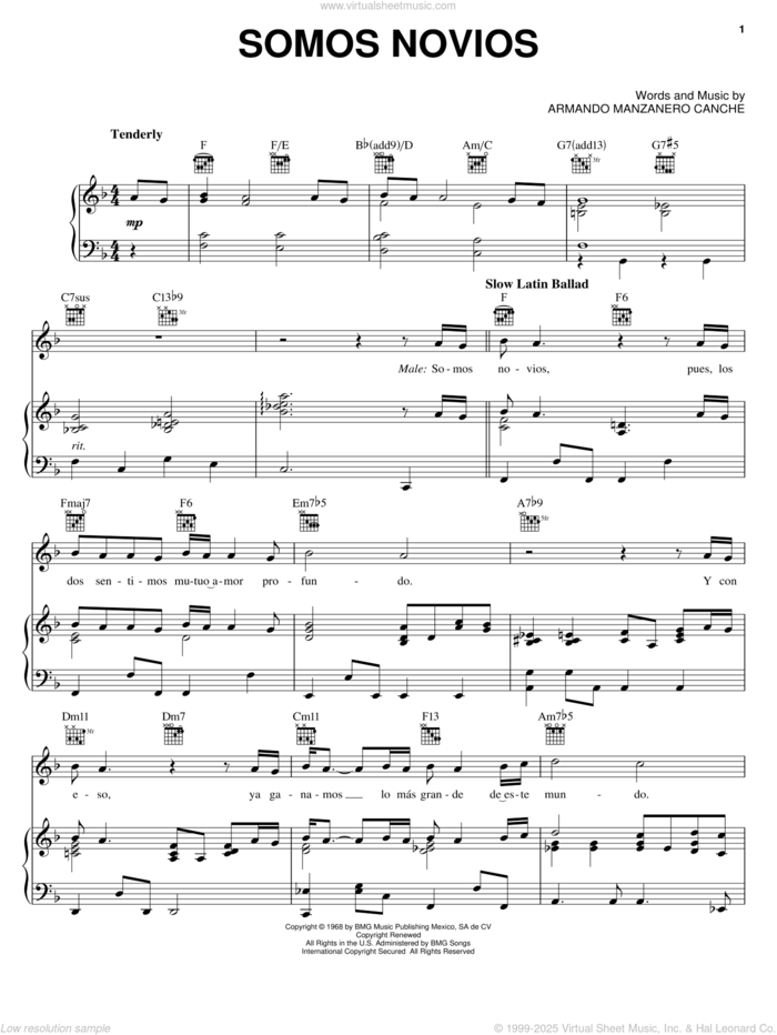 Somos Novios (duet with Christina Aguilera) sheet music for voice, piano or guitar by Andrea Bocelli and Armando Manzanero Canche, intermediate skill level