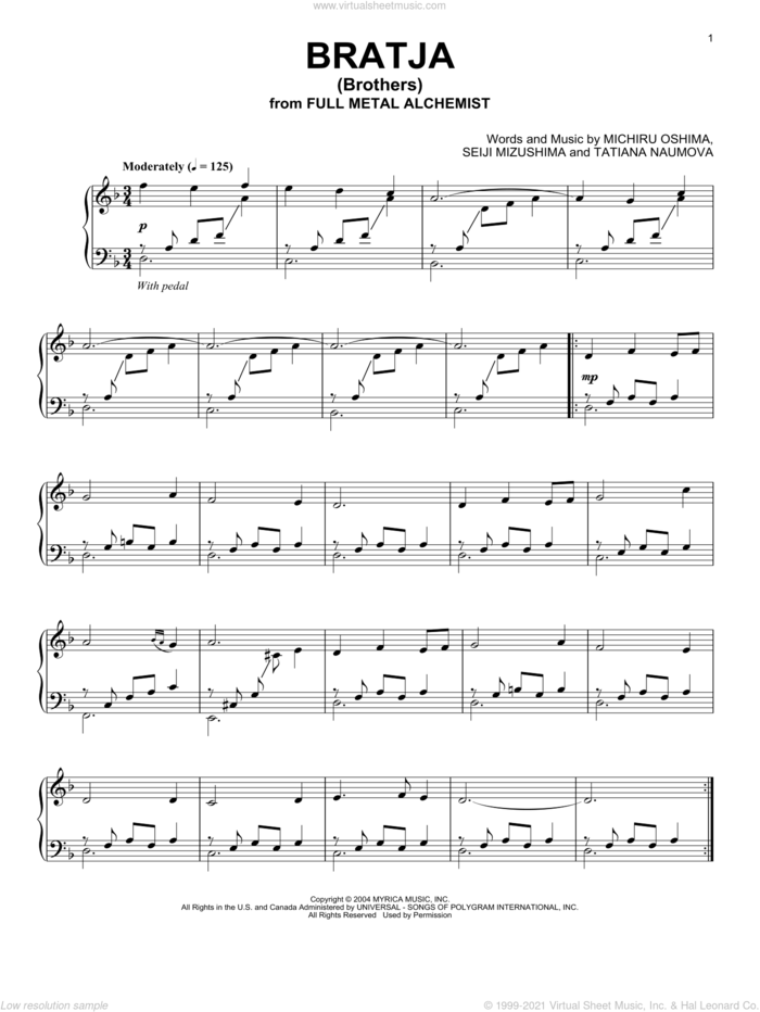 Bratja (Brothers) sheet music for piano solo by Seiji Mizushima, Michiru Oshima and Tatiana Naumova, intermediate skill level