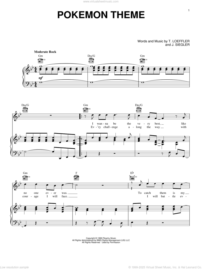 Pokemon Theme sheet music for voice, piano or guitar by J. Siegler and T. Loeffler, intermediate skill level