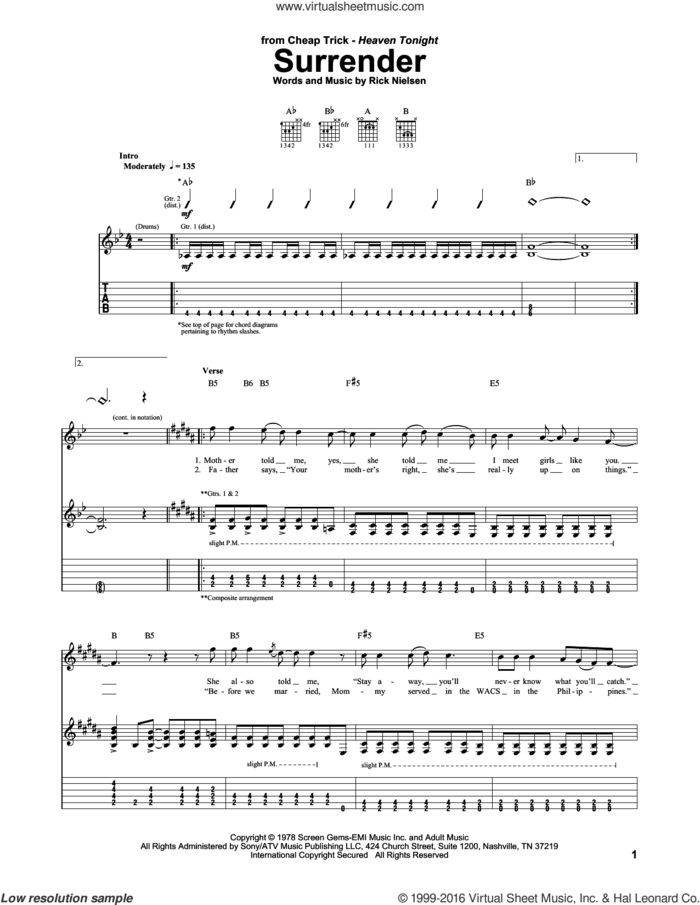 Surrender sheet music for guitar (tablature) by Cheap Trick, Guitar Hero and Rick Nielsen, intermediate skill level