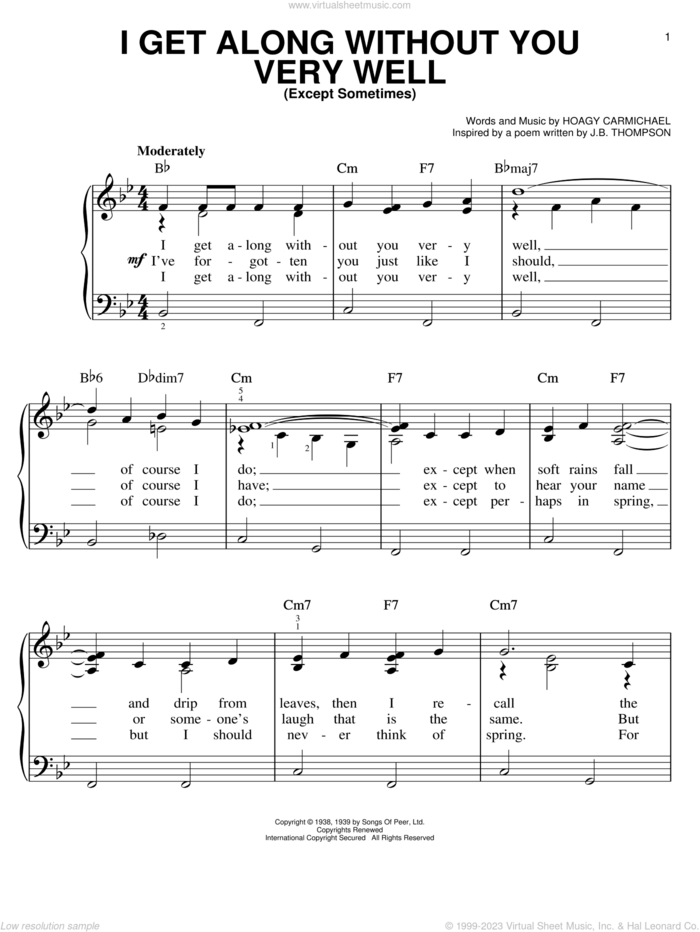 I Get Along Without You Very Well (Except Sometimes) sheet music for piano solo by Hoagy Carmichael, easy skill level