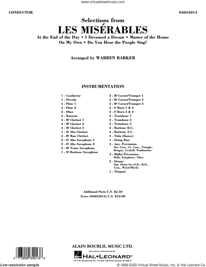 Selections from Les Miserables (arr. Warren Barker) (COMPLETE) sheet music for concert band by Claude-Michel Schönberg, Alain Boublil, Herbert Kretzmer, Jean-Marc Natel and Warren Barker, intermediate skill level