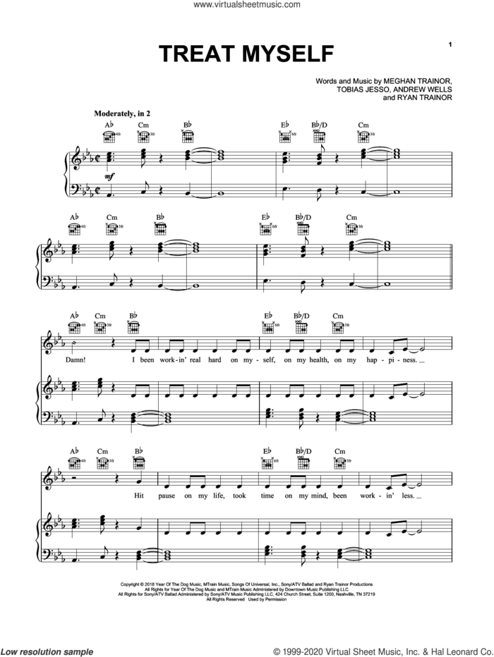 Treat Myself sheet music for voice, piano or guitar by Meghan Trainor, Andrew Wells, Ryan Trainor and Tobias Jesso, intermediate skill level