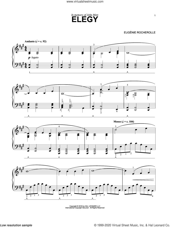 Elegy sheet music for piano solo by Eugenie Rocherolle, wedding score, intermediate skill level