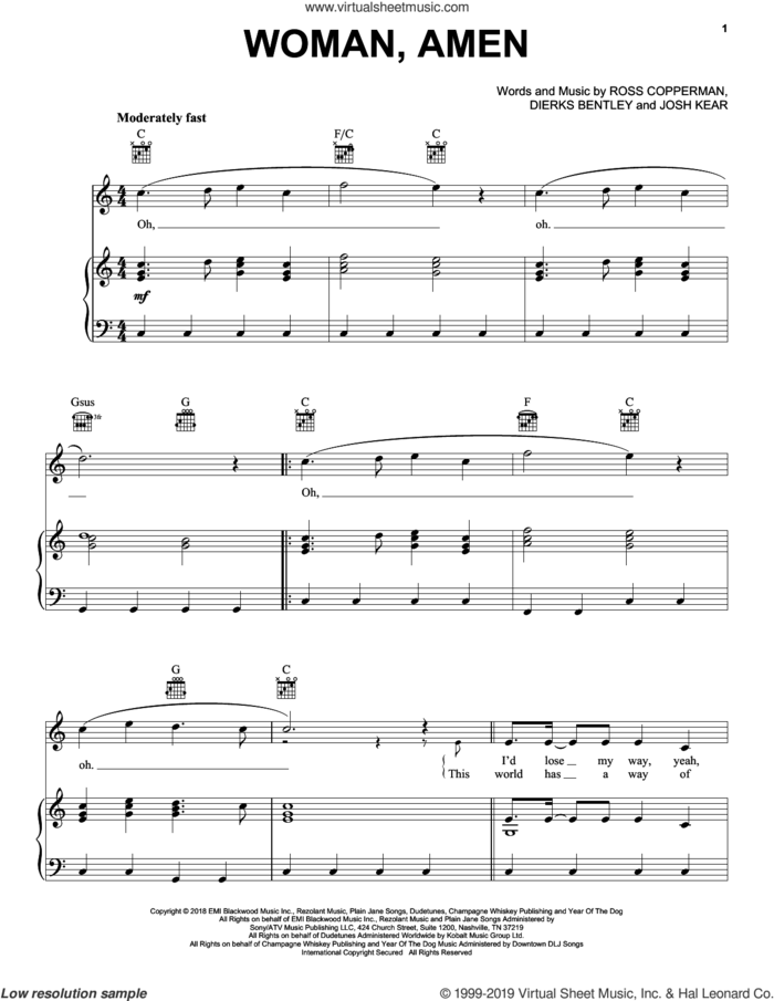 Woman, Amen sheet music for voice, piano or guitar by Dierks Bentley, Kenny Chesney, Josh Kear and Ross Copperman, intermediate skill level
