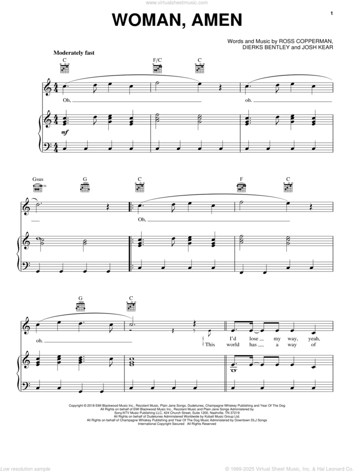 Woman, Amen sheet music for voice, piano or guitar by Dierks Bentley, Kenny Chesney, Josh Kear and Ross Copperman, intermediate skill level