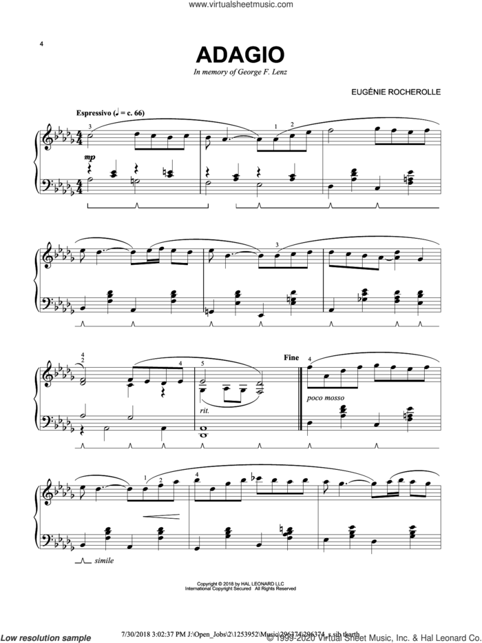 Adagio sheet music for piano solo by Eugenie Rocherolle, wedding score, intermediate skill level