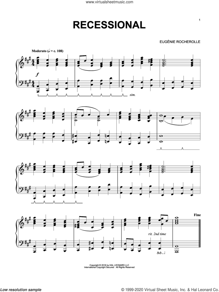 Recessional sheet music for piano solo by Eugenie Rocherolle, wedding score, intermediate skill level