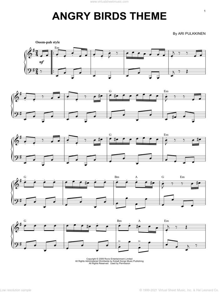 Angry Birds Theme, (intermediate) sheet music for piano solo by Ari Pulkkinen, intermediate skill level