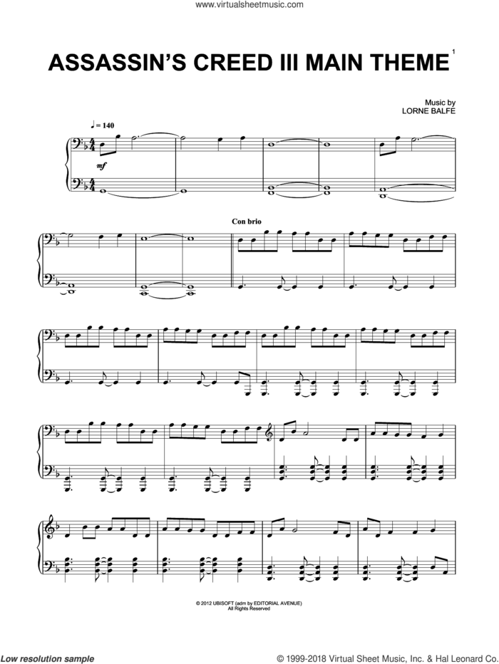 Assassin's Creed III Main Title sheet music for piano solo by Lorne Balfe, classical score, intermediate skill level