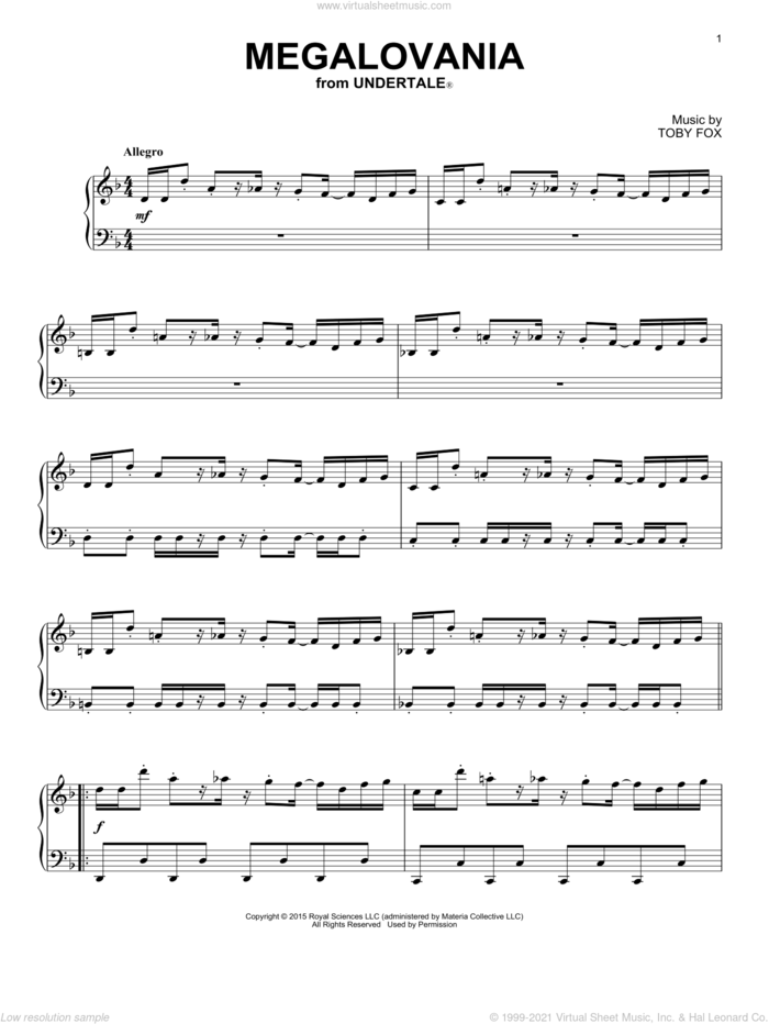 Megalovania (from Undertale), (intermediate) sheet music for piano solo by Toby Fox, intermediate skill level