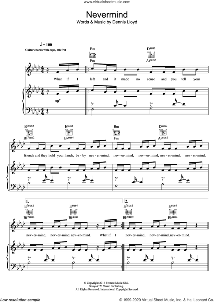 Nevermind sheet music for voice, piano or guitar by Dennis Lloyd, intermediate skill level