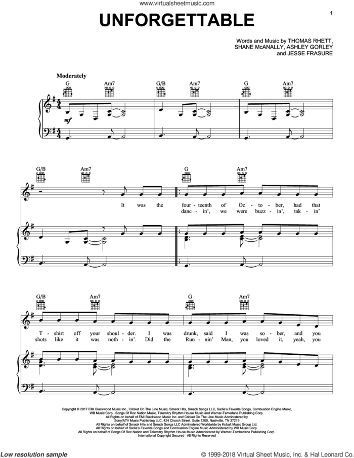 Unforgettable sheet music for voice, piano or guitar by Thomas Rhett, Ashley Gorley, Jesse Frasure and Shane McAnally, intermediate skill level