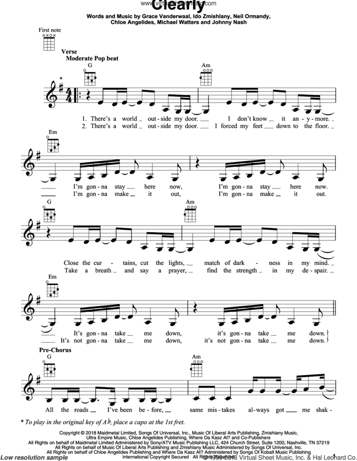 Clearly sheet music for ukulele by Grace VanderWaal, Chloe Angelides, Ido Zmishlany, Johnny Nash, Michael Watters and Neil Ormandy, intermediate skill level