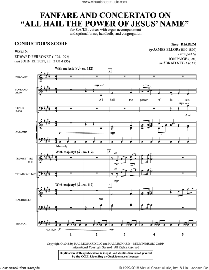 Fanfare And Concertato on 'All Hail the Power of Jesus' Name' (COMPLETE) sheet music for orchestra/band by Brad Nix, Edward Perronet, John Rippon and Jon Paige, intermediate skill level