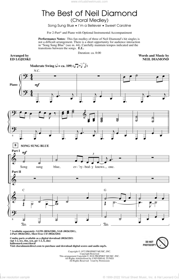 The Best of Neil Diamond (arr. Ed Lojeski) sheet music for choir (2-Part) by Neil Diamond and Ed Lojeski, intermediate duet