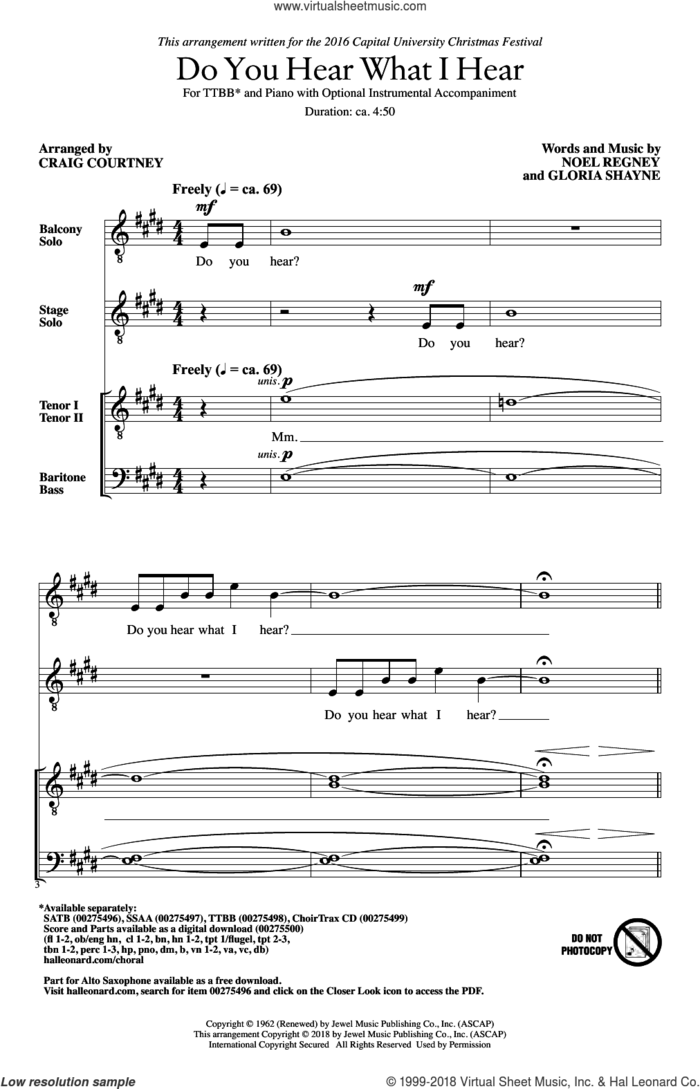 Do You Hear What I Hear (arr. Craig Courtney) sheet music for choir (TTBB: tenor, bass) by Gloria Shayne, Craig Courtney and Noel Regney, intermediate skill level