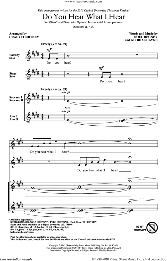 Do You Hear What I Hear (arr. Craig Courtney) sheet music for choir (SSAA: soprano, alto) by Gloria Shayne, Craig Courtney and Noel Regney, intermediate skill level
