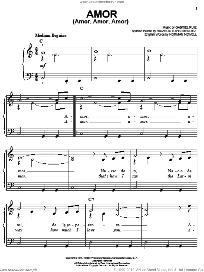 Amor (Amor, Amor, Amor) sheet music for piano solo by Gabriel Ruiz, Norman Newell and Ricardo Lopez Mendez, easy skill level