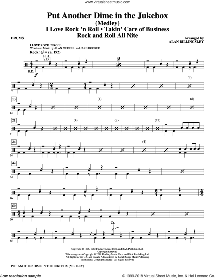 Put Another Dime In The Jukebox (Medley) sheet music for orchestra/band (drums) by Alan Billingsley, Alan Merrill and Jake Hooker, intermediate skill level