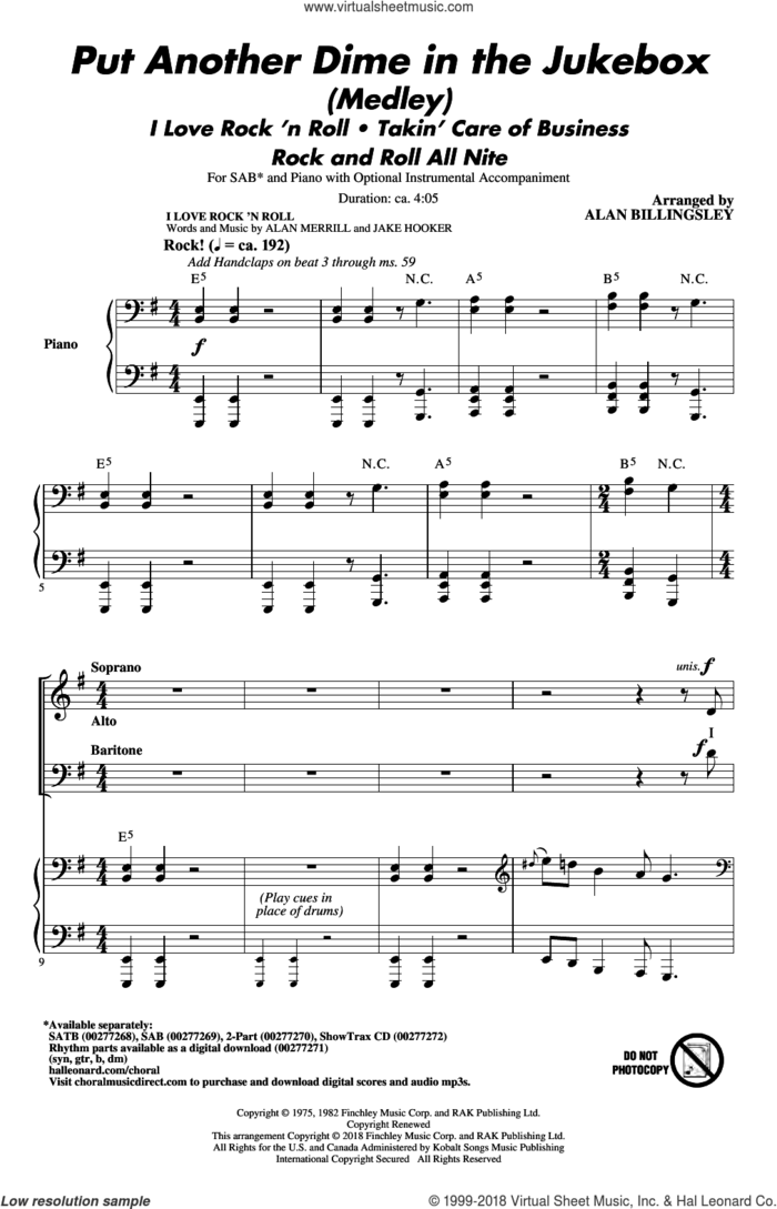 Put Another Dime In The Jukebox (Medley) sheet music for choir (SAB: soprano, alto, bass) by Alan Billingsley, Alan Merrill and Jake Hooker, intermediate skill level
