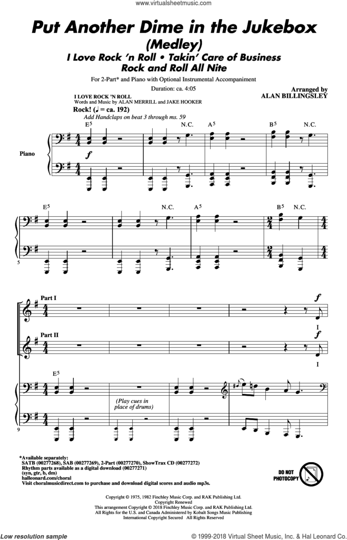 Put Another Dime In The Jukebox (Medley) sheet music for choir (2-Part) by Alan Billingsley, Alan Merrill and Jake Hooker, intermediate duet