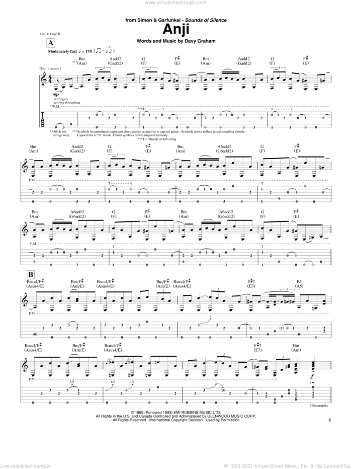 Anji sheet music for guitar (tablature) by Simon & Garfunkel, Paul Simon and Davy Graham, intermediate skill level