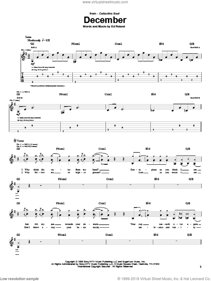 December sheet music for guitar (tablature) by Collective Soul and Ed Roland, intermediate skill level