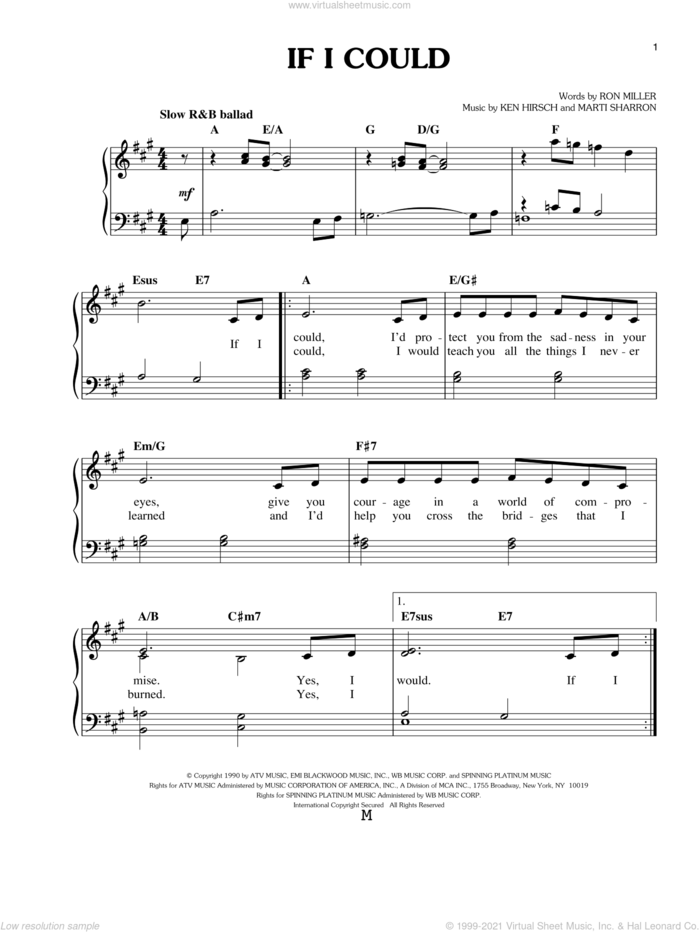 If I Could sheet music for piano solo by Barbra Streisand, Regina Belle, Kenny Hirsch, Marti Sharron and Ron Miller, easy skill level