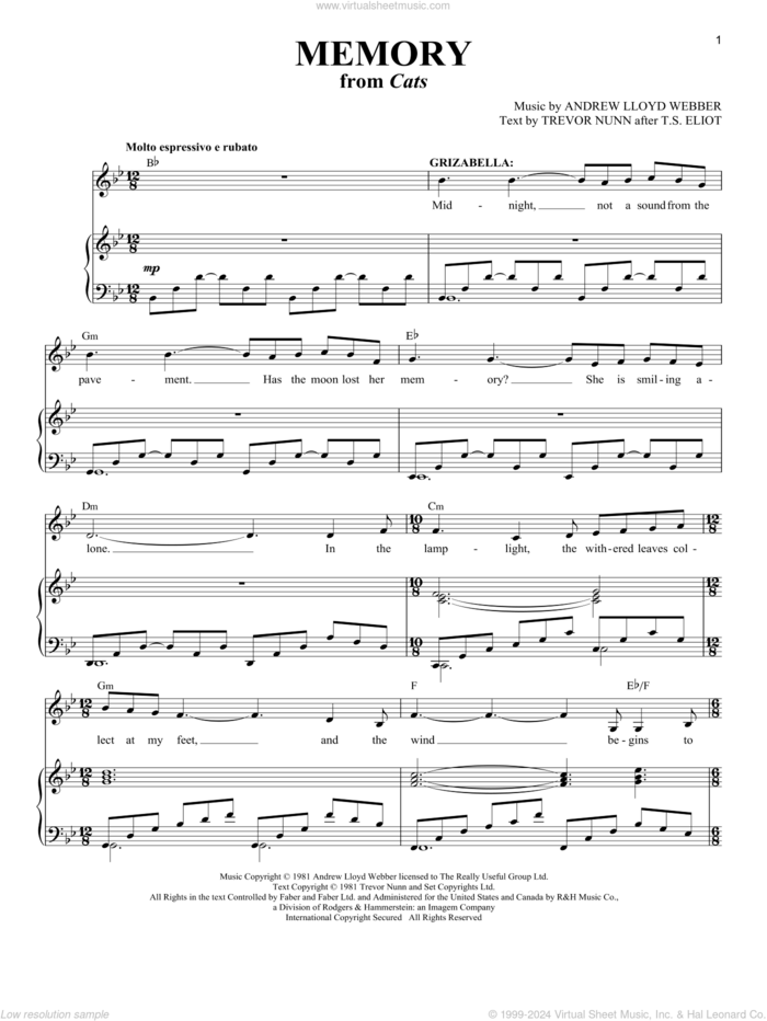 Memory (from Cats) sheet music for voice and piano by Andrew Lloyd Webber and Barbra Streisand, intermediate skill level