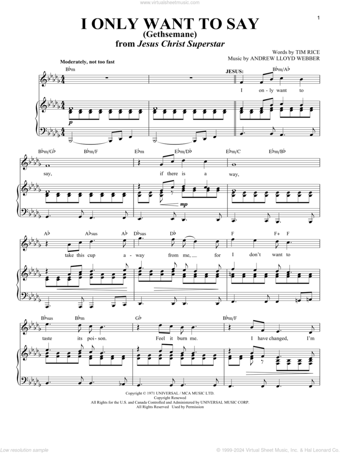 I Only Want To Say (Gethsemane) (from Jesus Christ Superstar) sheet music for voice and piano by Andrew Lloyd Webber and Tim Rice, intermediate skill level