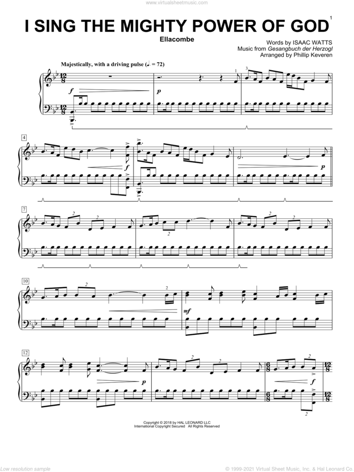 I Sing The Mighty Power Of God (arr. Phillip Keveren) sheet music for piano solo by Isaac Watts, Phillip Keveren and Gesangbuch der Herzogl, intermediate skill level