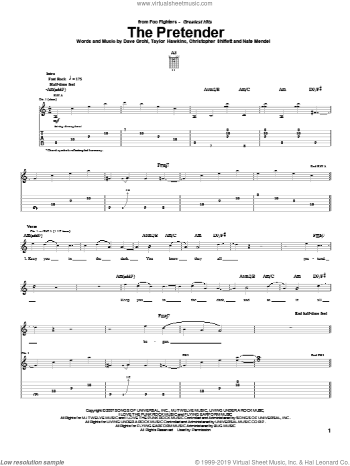 The Pretender sheet music for guitar (tablature) by Foo Fighters, Christopher Shiflett, Dave Grohl, Nate Mendel and Taylor Hawkins, intermediate skill level