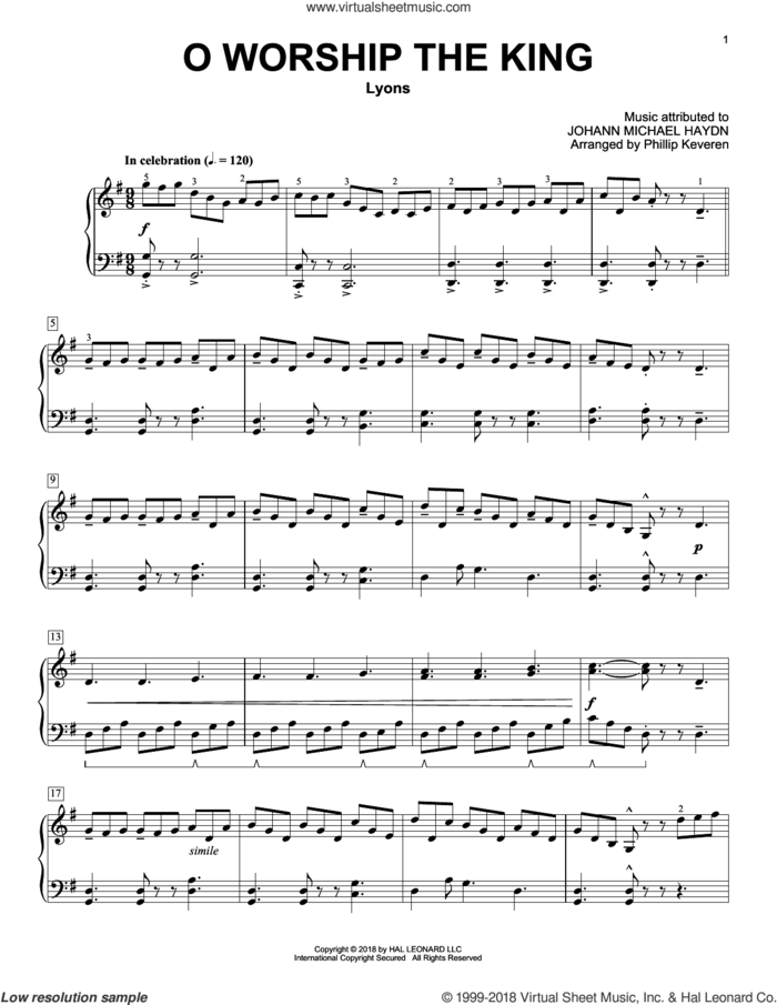 O Worship The King (arr. Phillip Keveren) sheet music for piano solo by Johann Michael Haydn, Phillip Keveren, Robert Grant and William Gardiner, intermediate skill level