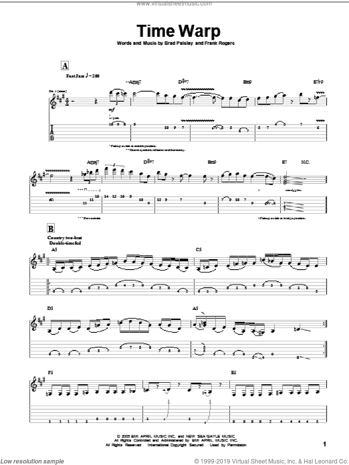 Time Warp sheet music for guitar (tablature) by Brad Paisley and Frank Rogers, intermediate skill level