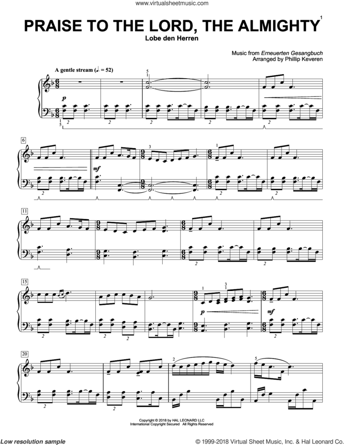 Praise To The Lord, The Almighty (arr. Phillip Keveren) sheet music for piano solo by Catherine Winkworth, Phillip Keveren, Erneuerten Gesangbuch and Joachim Neander, intermediate skill level