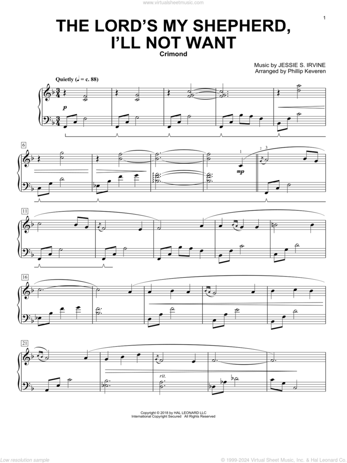 The Lord's My Shepherd, I'll Not Want (arr. Phillip Keveren) sheet music for piano solo by Scottish Psalter, Phillip Keveren, Jessie S. Irvine and Psalm 23, intermediate skill level