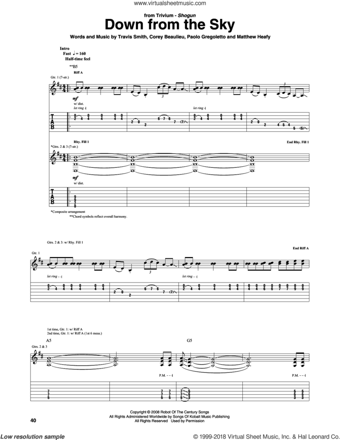 Down From The Sky sheet music for guitar (tablature) by Trivium, Corey Beaulieu, Matthew Heafy, Paolo Gregoletto and Travis Smith, intermediate skill level