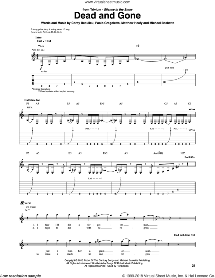Dead And Gone sheet music for guitar (tablature) by Trivium, Corey Beaulieu, Matthew Heafy, Michael Baskette and Paolo Gregoletto, intermediate skill level