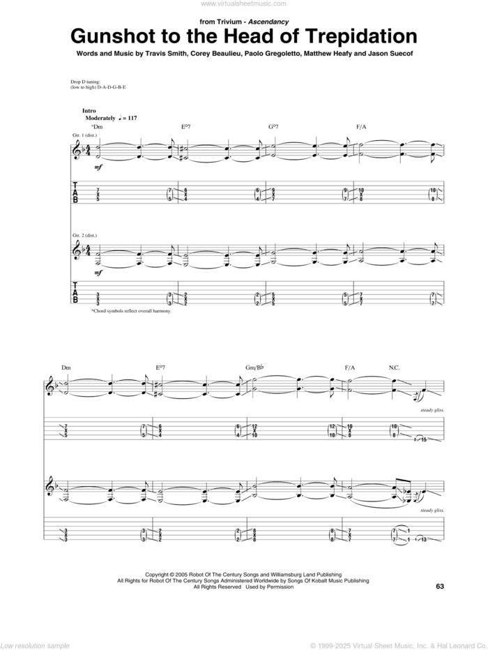 Gunshot To The Head Of Trepidation sheet music for guitar (tablature) by Trivium, Corey Beaulieu, Jason Suecof, Matthew Heafy, Paolo Gregoletto and Travis Smith, intermediate skill level