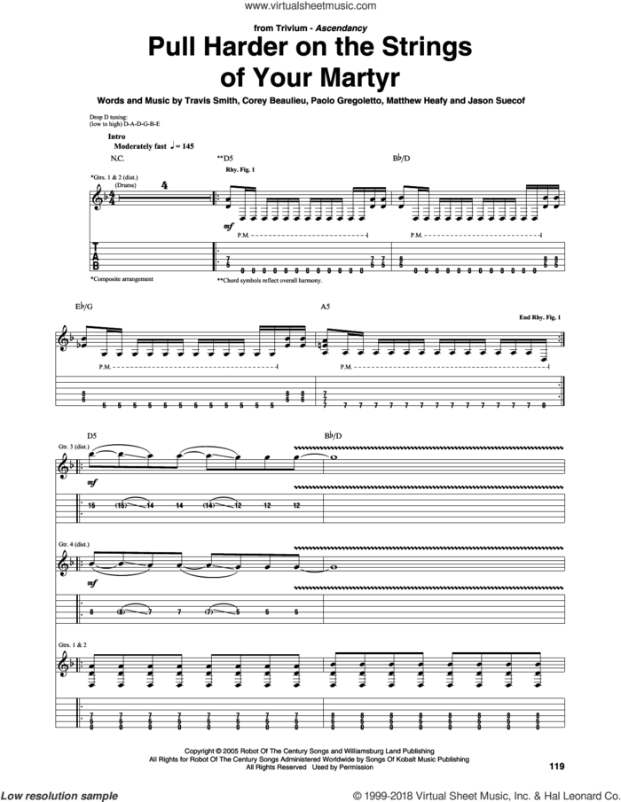 Pull Harder On The Strings Of Your Martyr sheet music for guitar (tablature) by Trivium, Corey Beaulieu, Jason Suecof, Matthew Heafy, Paolo Gregoletto and Travis Smith, intermediate skill level
