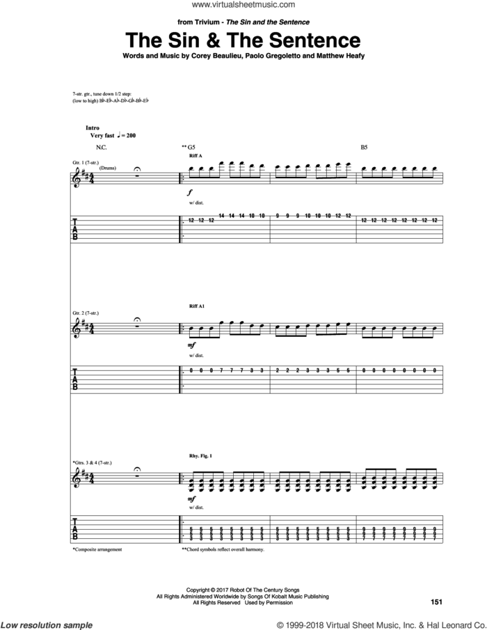 The Sin and The Sentence sheet music for guitar (tablature) by Trivium, Corey Beaulieu, Matthew Heafy and Paolo Gregoletto, intermediate skill level