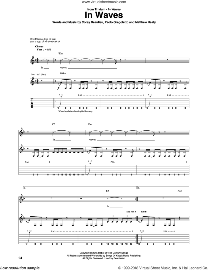 In Waves sheet music for guitar (tablature) by Trivium, Corey Beaulieu, Matthew Heafy and Paolo Gregoletto, intermediate skill level