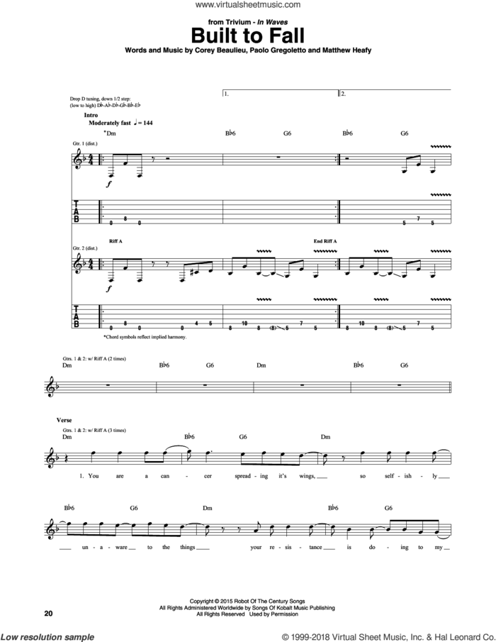 Built To Fall sheet music for guitar (tablature) by Trivium, Corey Beaulieu, Matthew Heafy and Paolo Gregoletto, intermediate skill level